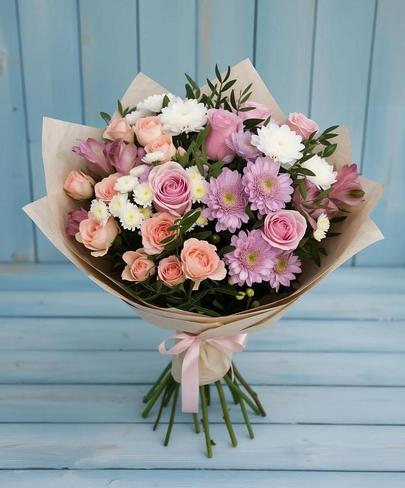 Букет цветов из: Хризантемы, Розы и Альстромерии в Островном