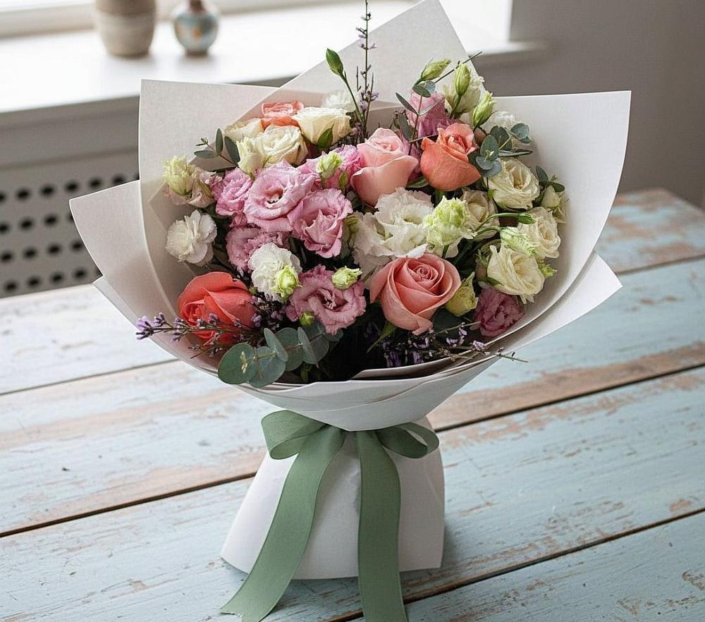 Букет цветов из: Розы, Лизиантусы и Гвоздики в Островном