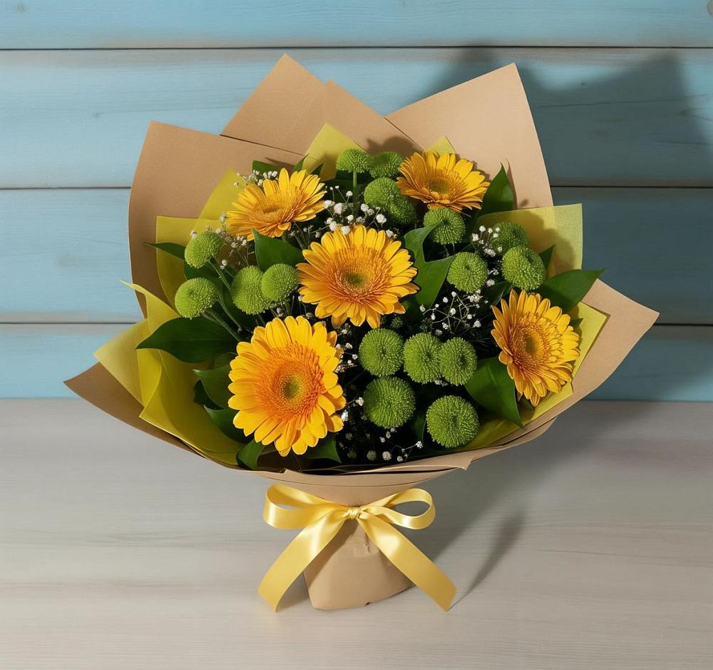 Букет цветов из: Герберы и Хризантемы в Островном