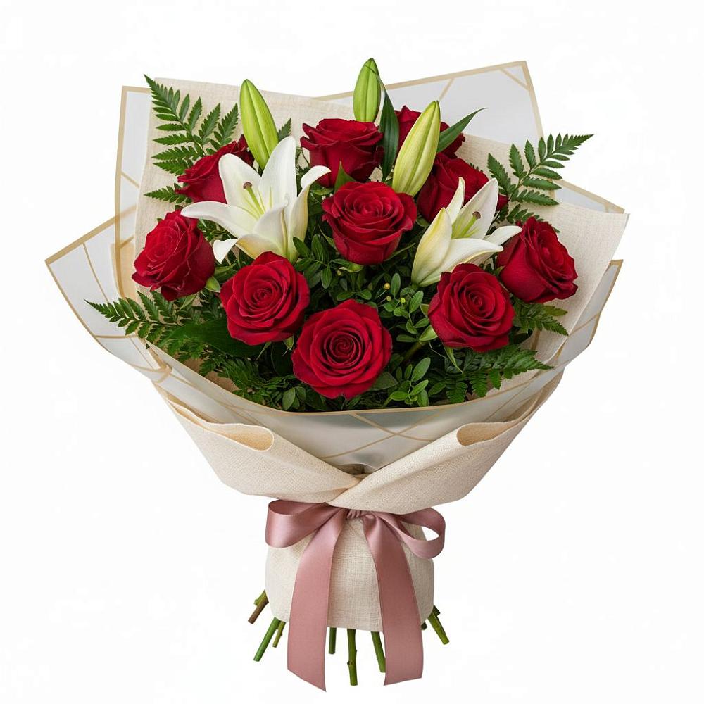 Букет цветов из: Лилии и Розы в Островном