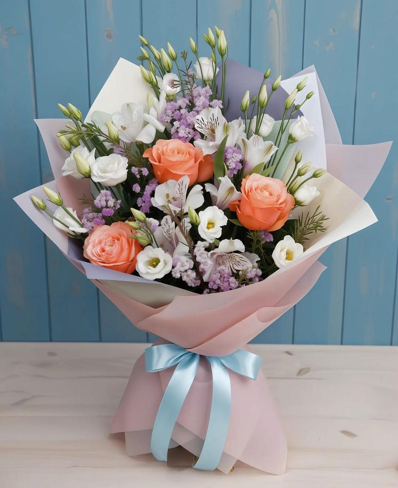 Букет цветов из: Лизиантусы, Розы, Альстромерии и Гипсофила в Островном