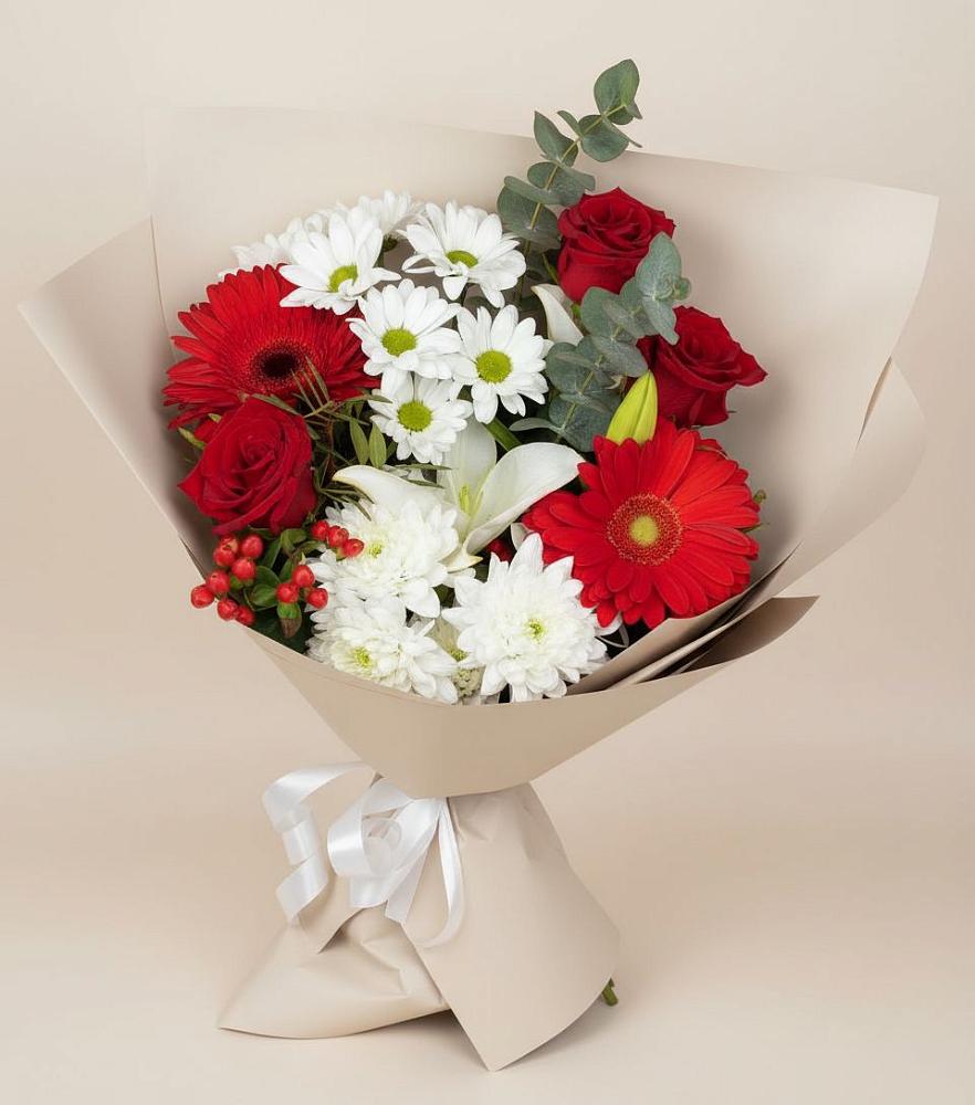 Букет цветов из: Розы, Хризантемы, Герберы и Лилии в Островном